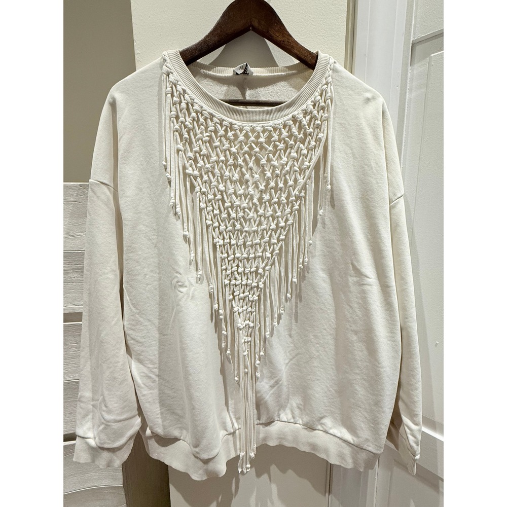 Zara Macrame Fringe Sweatshirt Cream Off White Boho Crewneck Large